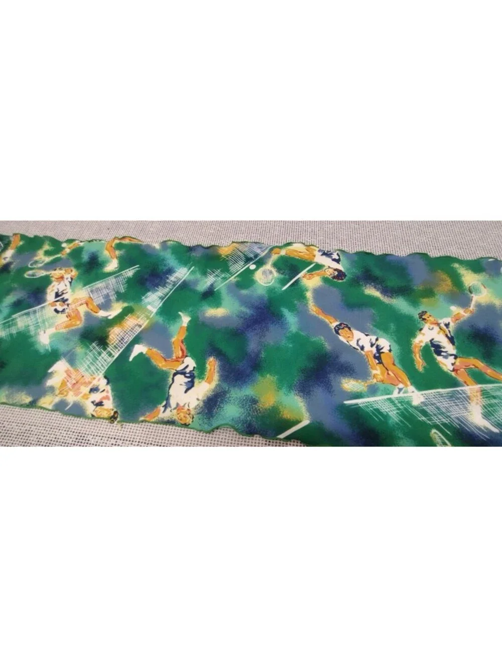 Vintage 60s 70s Oblong Long Scarf TENNIS PLAYERS Green White Blue Lettuce Edge